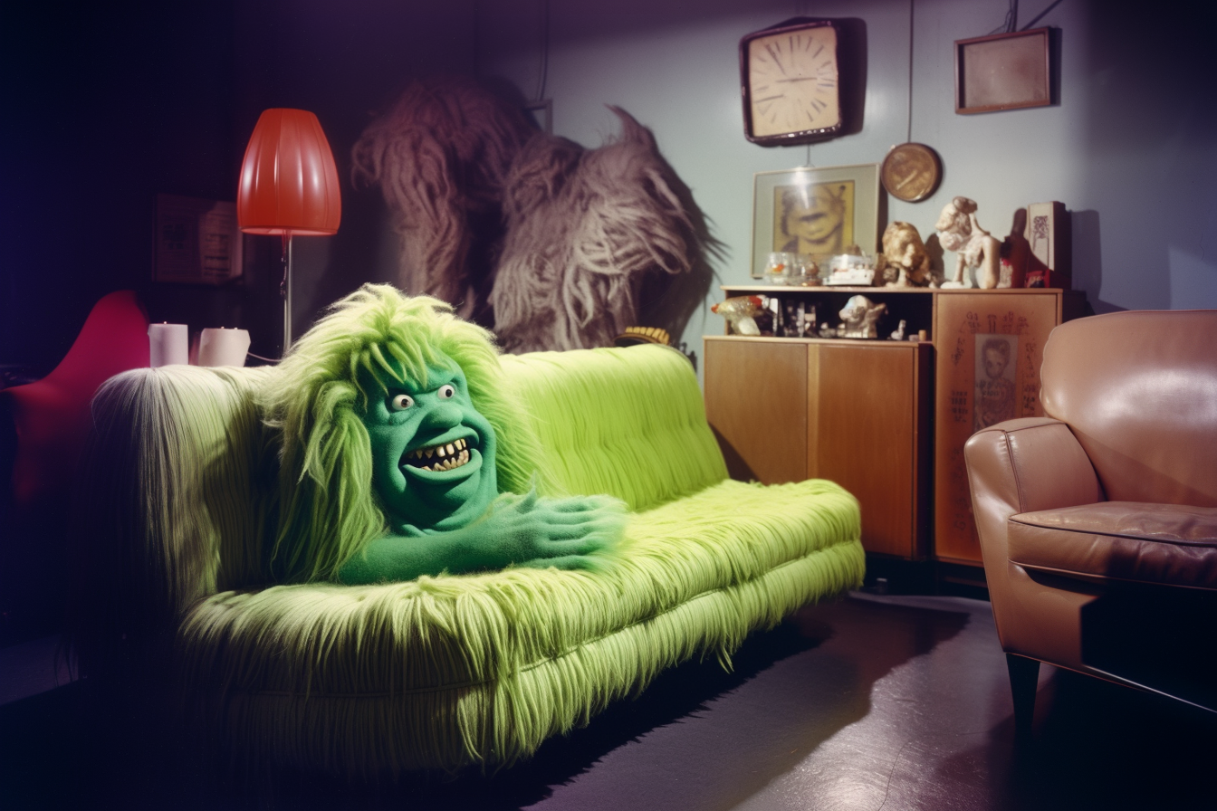 Green couch monster print