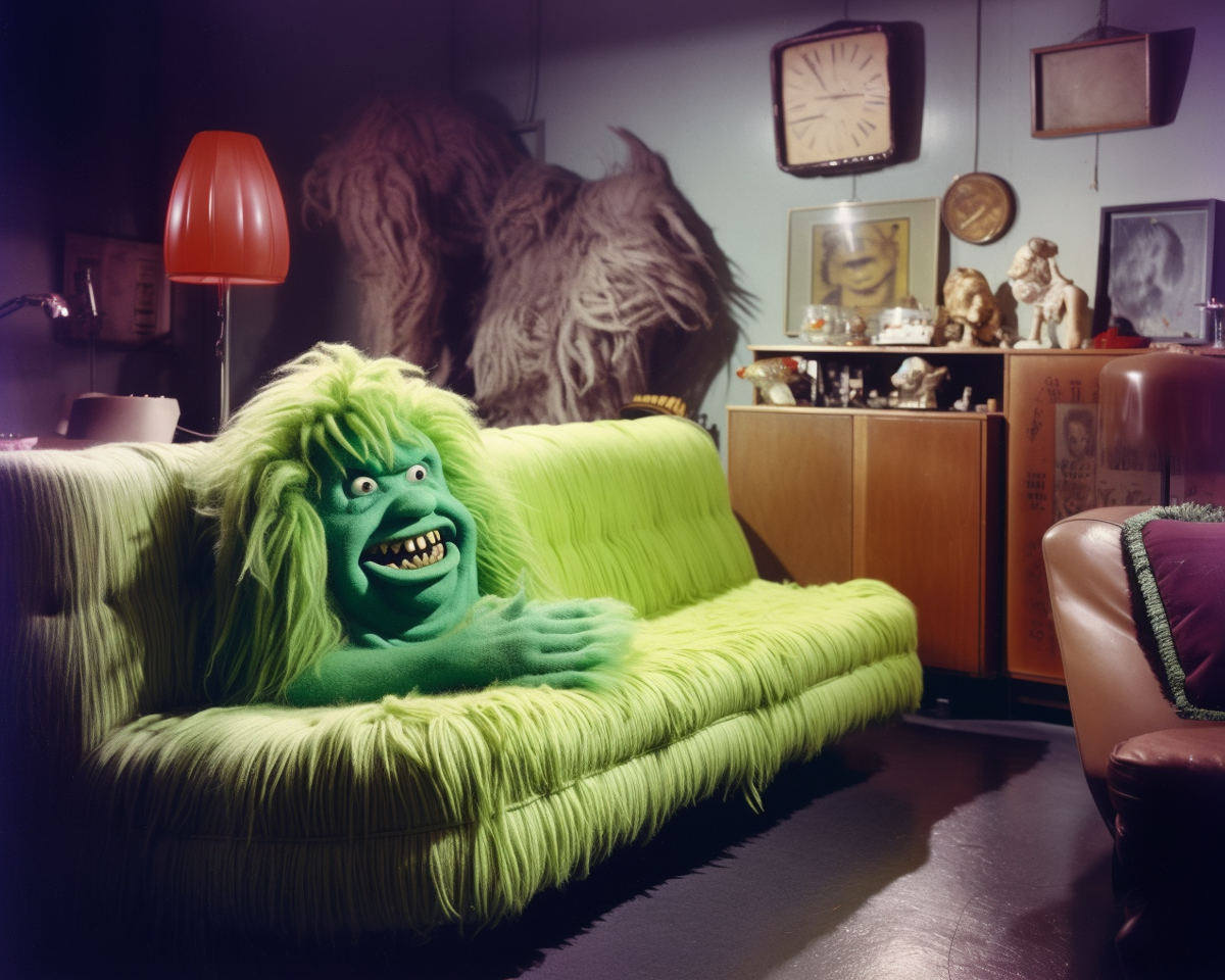 Green couch monster print