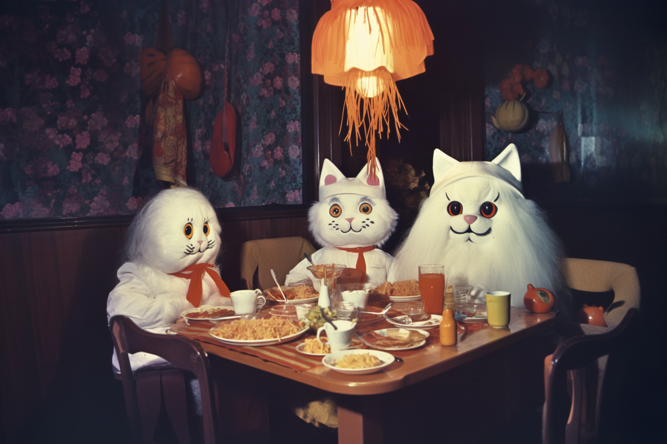 White cat dinner party print