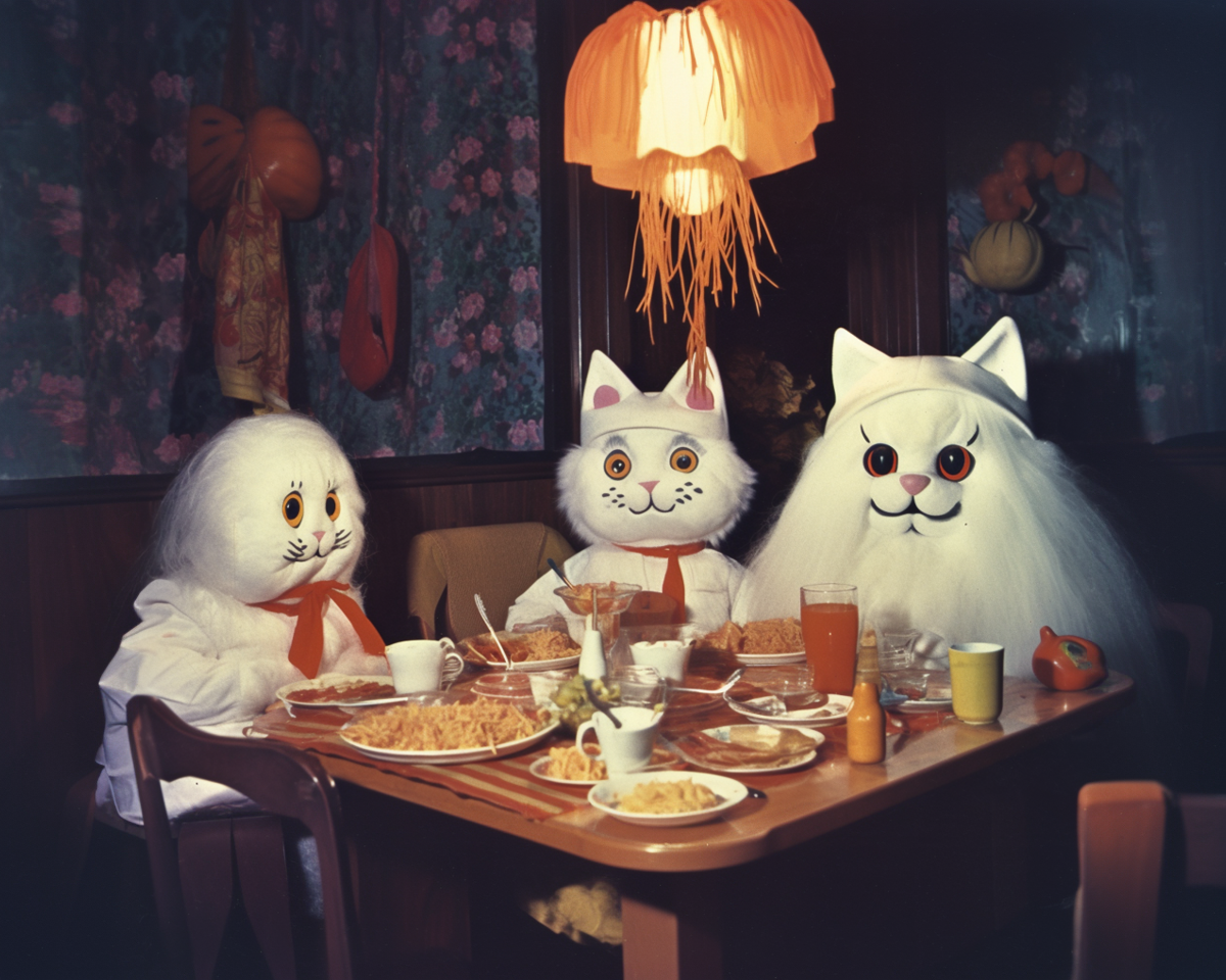 White cat dinner party print