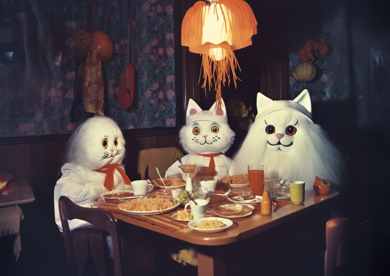 White cat dinner party print