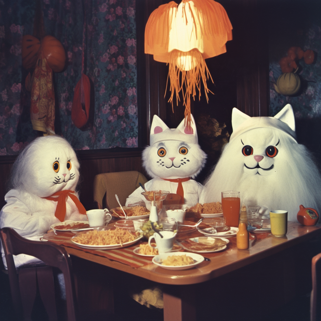 White cat dinner party print