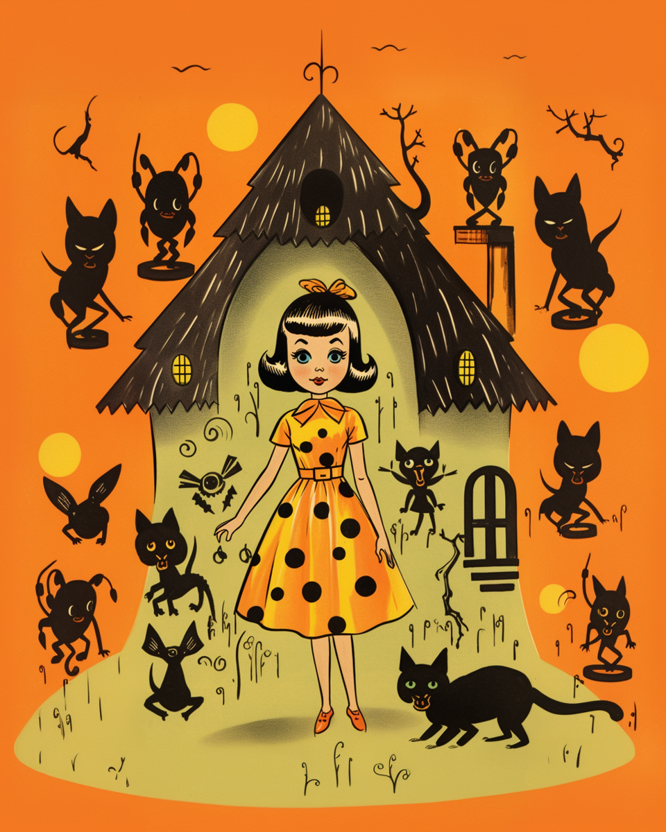 Orange dress and black cats print